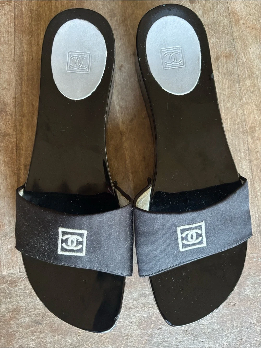 CHANEL Black Slide Sandals with White CC Logo